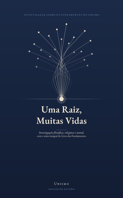 Capa de Uma Raiz, Muitas Vidas: de uma raiz luminosa partem muitas linhas sobre fundo azul-noite